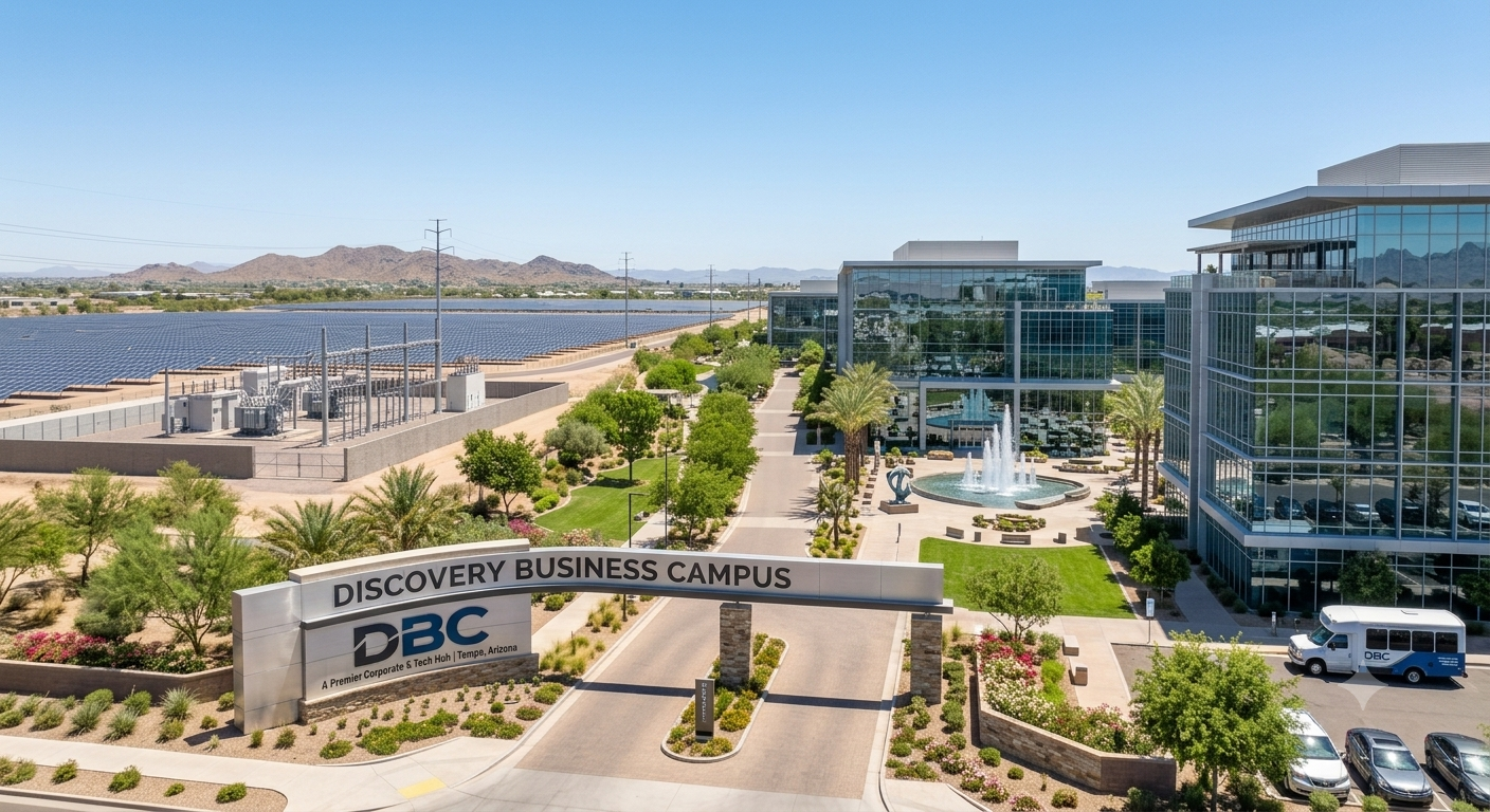 Discovery Business Campus Tempe Arizona Corporate Office Complex with Solar Panels and DBC Entrance Sign