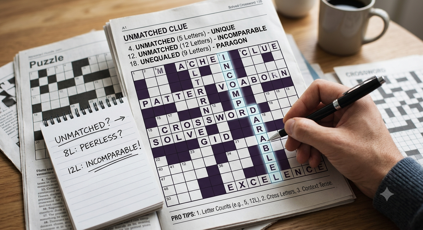 A person solving a crossword puzzle on a newspaper desk, writing down answers like peerless and incomparable for an unmatched crossword clue
