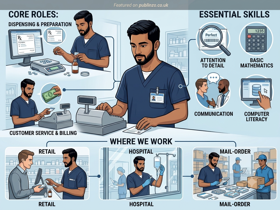 Infographic showing the core roles and essential skills of a male pharmacy technician