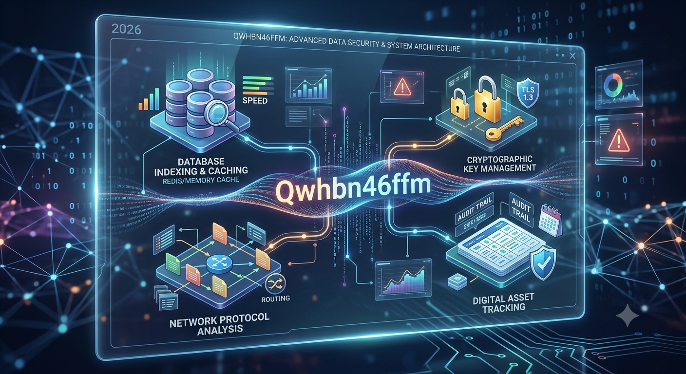 Futuristic technical dashboard displaying database indexing, cryptographic key management, network protocols, and qwhbn46ffm system architecture
