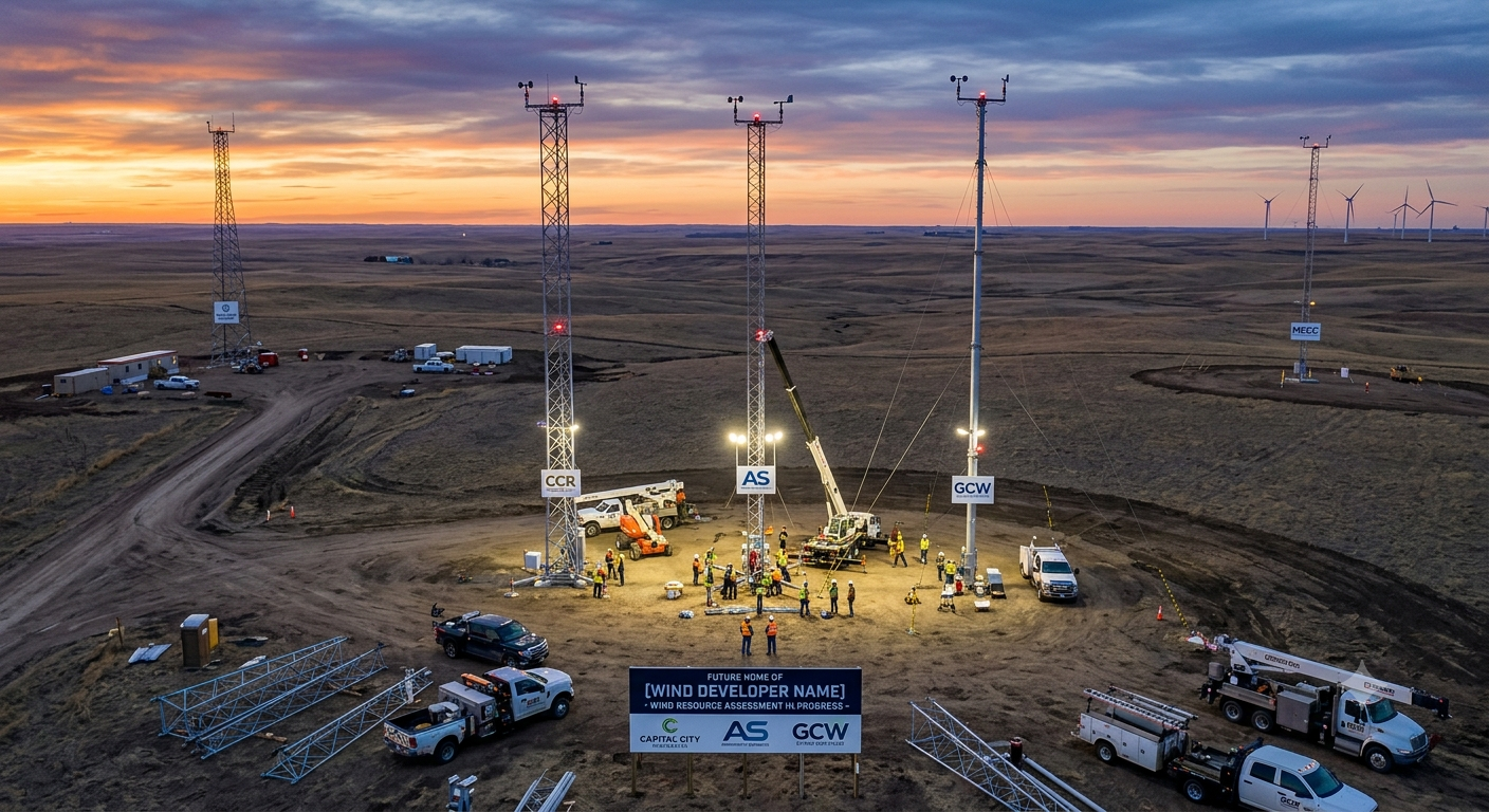 Aerial view of engineering crews installing tall meteorological evaluation towers with cranes and anemometer equipment on a wind energy site during sunset